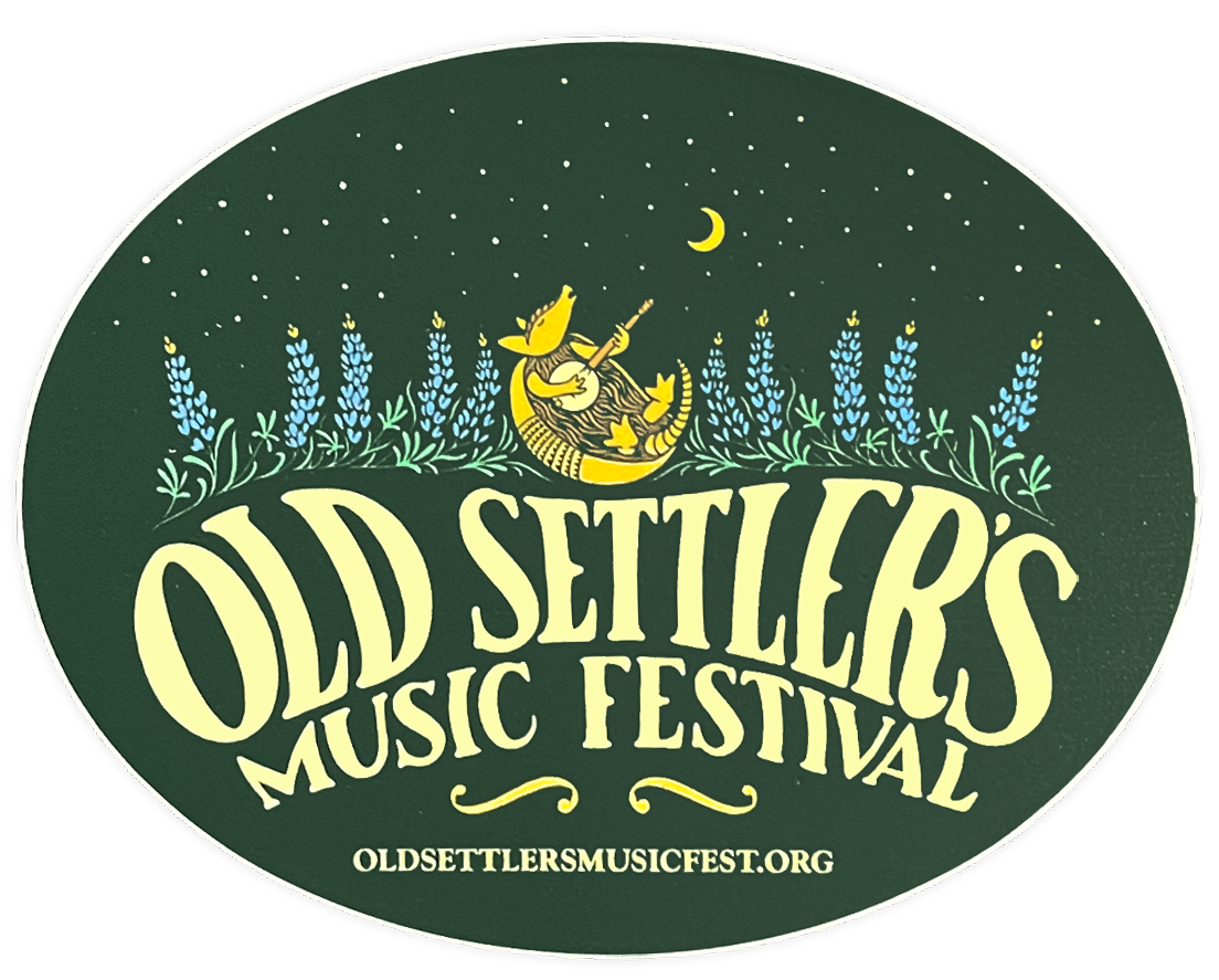 Logo for Old Settler's Music Festival with decorative elements on a green background