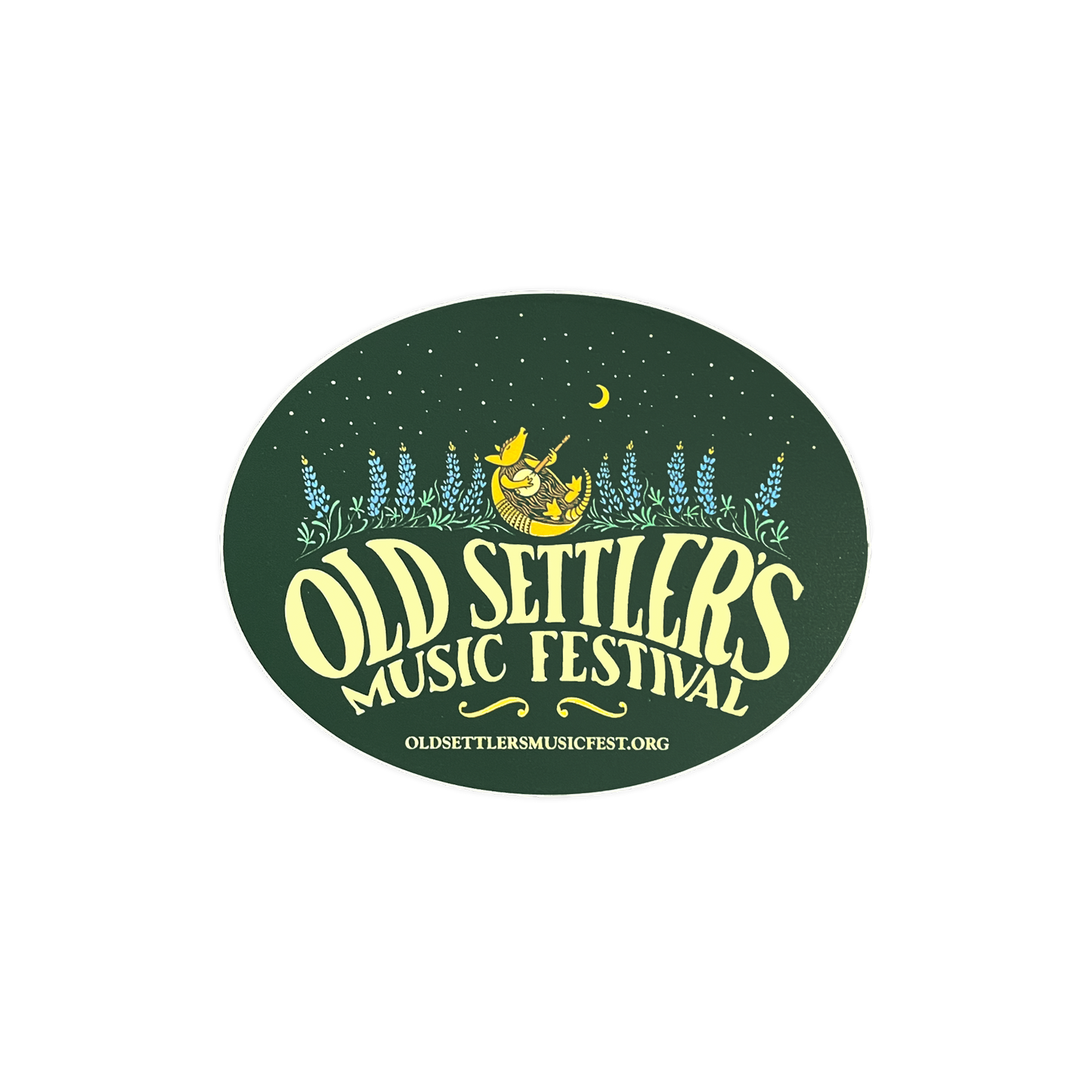 Logo for Old Settler's Music Festival with decorative elements on a green background
