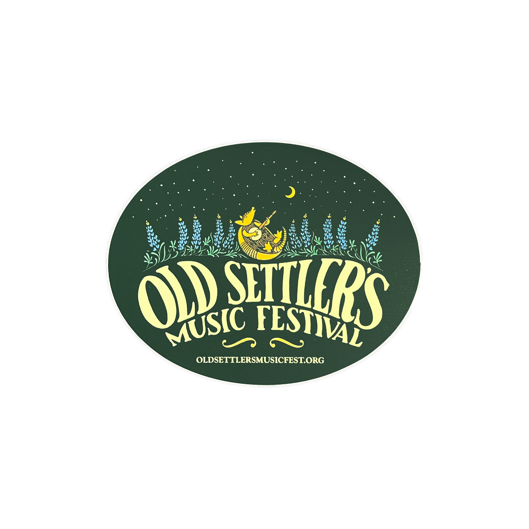 Logo for Old Settler's Music Festival with decorative elements on a green background