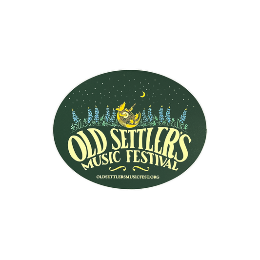 Logo for Old Settler's Music Festival with decorative elements on a green background